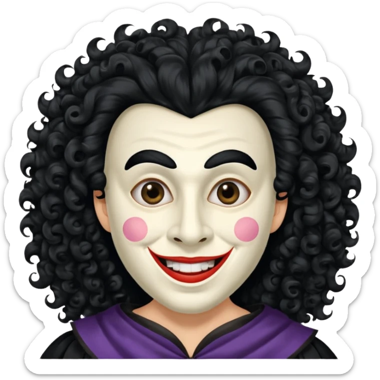 generate theatre mask emoji with a big curly black hair 

wide black smile, long and pointy white nose sticker