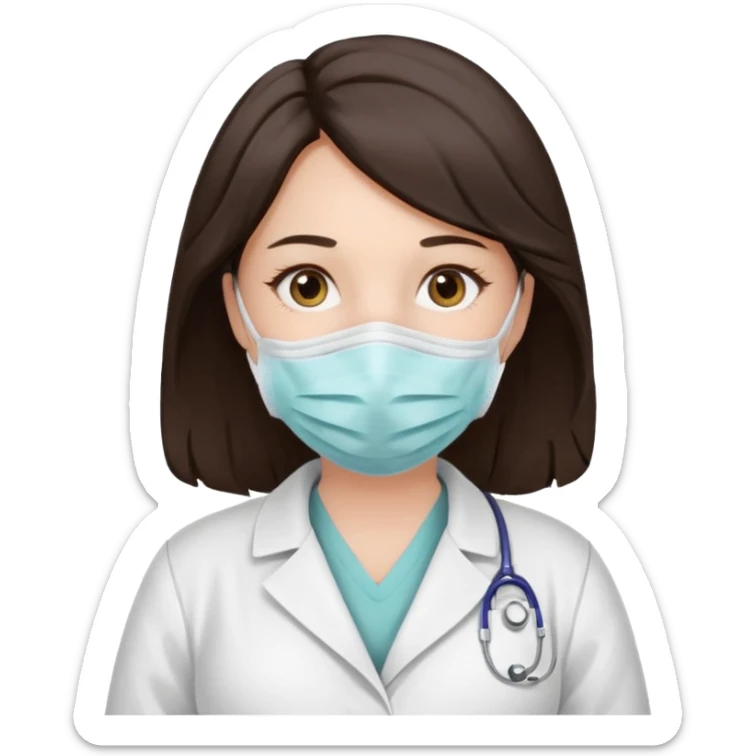 a pregrant lady with dark brown hair? Hair lengt above shoulder, wearing medical face mask sticker