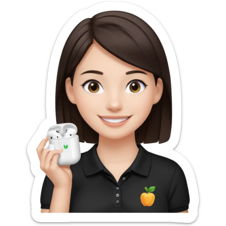 Girl with dark brown hair with airpods wearing a black wegmans grocery store polo sticker