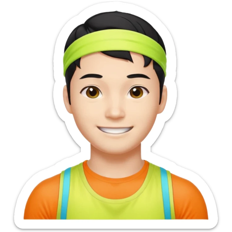 Korean 27-year-old male health coach / Wearing fluorescent colors / White face / Hairband / Smiling expression / Short black hair / Muscular body sticker
