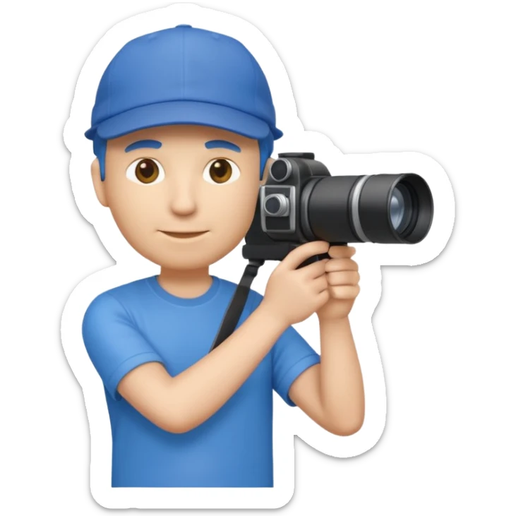 3D emoji-style icon of a photographer in side profile, wearing a blue cap backwards and a blue t-shirt, holding a professional camera with a long telephoto lens sticker