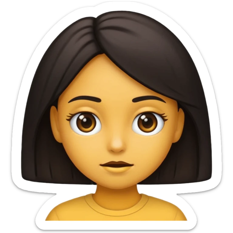 emoji estilo iOS de uma menina parda, cabelo cacheado curto preto dividido ao meio, olhos castanhos, expressão neutra sticker