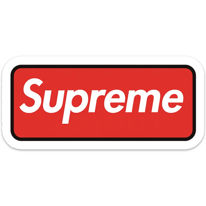 Supreme logo with white Futura font on a red rectangle, classic streetwear branding, clean and modern sticker