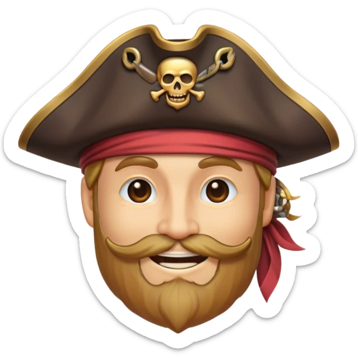 Clash of Clans aesthetic Cheerful Pirate Portrait Emoji, With a bright, confident smile and a relaxed yet adventurous posture, showcasing a stylized, rugged build with a classic pirate hat and a neatly groomed beard, his face in natural skin tone, Simplified yet expressive features, highly detailed, glowing with a soft, luminous maritime radiance, high shine, upbeat and daring, stylized with an air of classic swashbuckler allure, soft glowing outline, capturing the essence of a cheerful pirate ready to chart epic voyages! sticker
