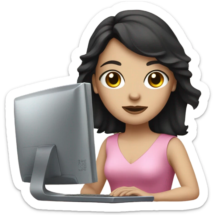 white girl with dark hair, dark eyes and pink dress with computer sticker