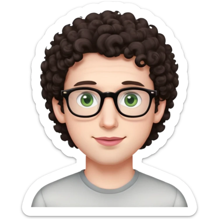 Young man with dark brown curlier poofy hair (same style but more curls), green eyes wearing glasses, wide face with eyes set apart, bigger ears, very pale skin, slightly bigger nose, fuller darker pink lips with a smile, and very light stubble sticker