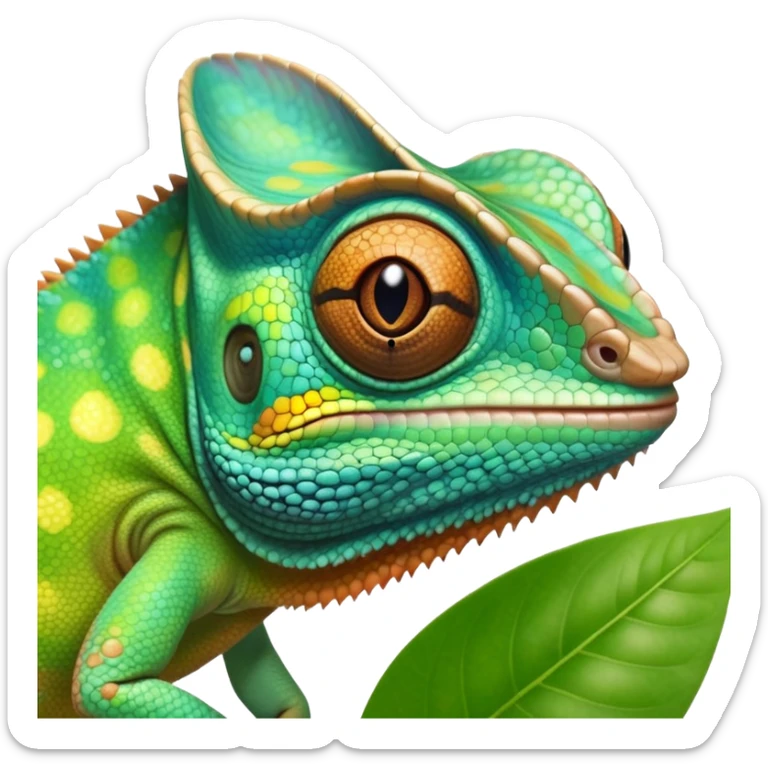 cinematic cute-smiling baby chameleon-realistic emoji,-blending-with-vibrant-greenery.-detailed-scales-in-shifting-colors,-showing-the-chameleon’s-ability-to-camouflage.-soft-natural-light-highlights-its-texture.-nature-background, zoomed into its face sticker