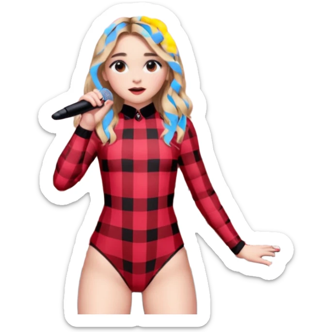 Sabrina carpenter singing at concert wearing a black and red plaid bodysuit with huge crowd and light pink stage setting  sticker