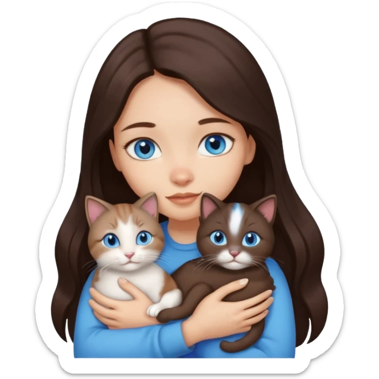 a pretty girl with long dark 
brown hair, with blue eyes, hugs 3 different natural coloured small cats sticker