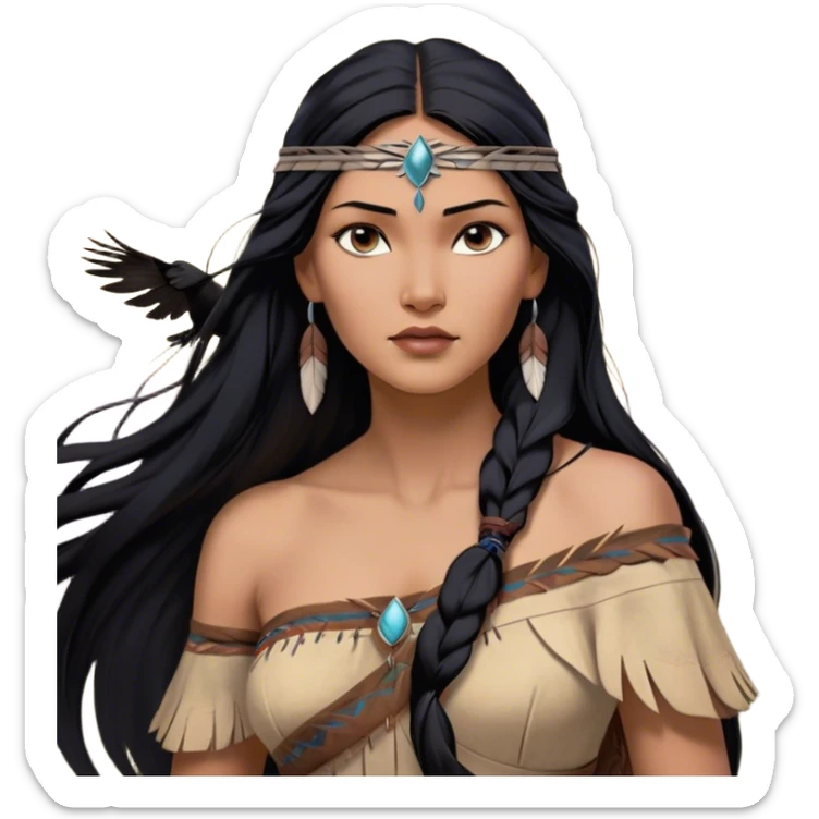 Cinematic Realistic Pocahontas Portrait, depicted with lifelike skin texture, soft natural lighting, and intricately detailed long, flowing raven-black hair that moves gracefully in the wind. Her deep, soulful dark brown eyes exude wisdom and strength, complemented by a serene yet powerful expression. She is dressed in her classic one-shoulder native american dress, with rich fabric textures and delicate beaded details that catch the light beautifully. The portrait features a soft, sun-kissed glow with a natural, radiant finish, capturing the essence of untamed beauty and deep connection to nature in a realistic and painterly style, evoking a sense of depth and authenticity. sticker