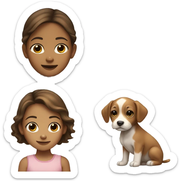 young girl with brown hair holding a light brown puppy with a white spot under chin sticker