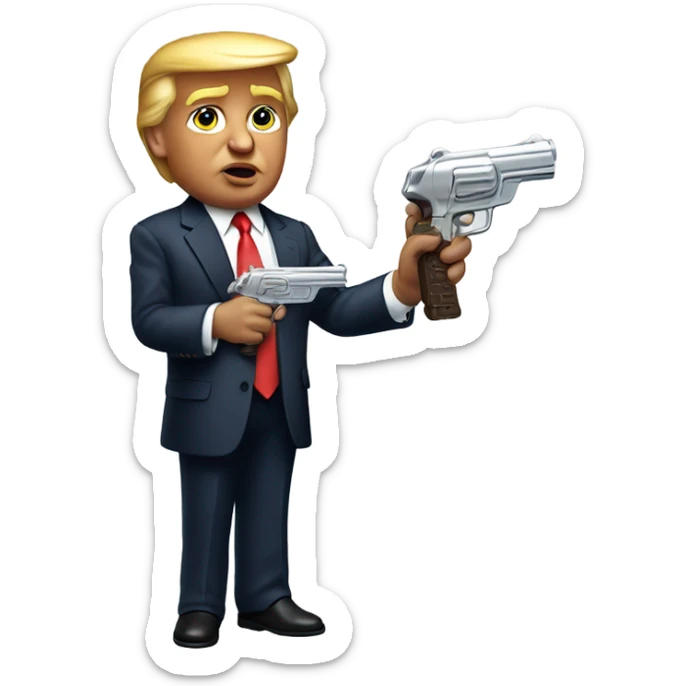 Donald trump holding a silver squirt gun in one hand and in his other hand he’s holding a baby with brown skin sticker