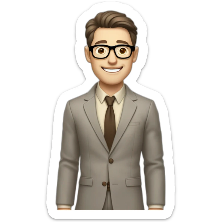 Joyful Pale skinned Fit Man With dark brown hair in gray jacket, beige office shirt, Brown pants and vintage glasses. His thrumbs up sticker