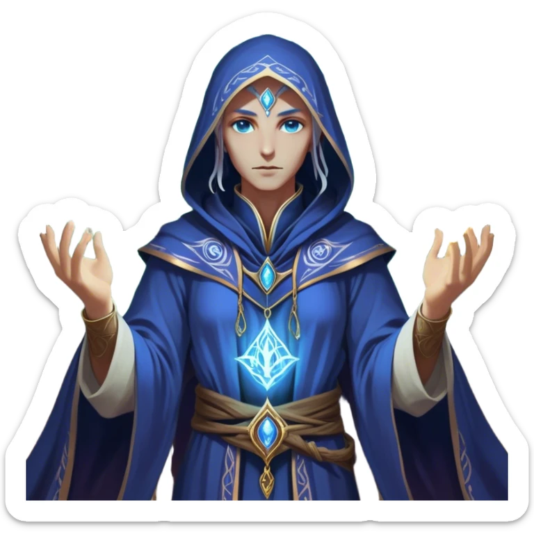 Clash of Clans aesthetic friendly Mage Portrait Emoji, With an enigmatic, slender build draped in flowing mystical robes adorned with arcane symbols, piercing eyes and a determined aura, his face rendered in a natural skin tone (not yellow), Simplified yet sharply defined features, highly detailed, glowing with a cool, otherworldly radiance, high shine, wise and resolute, stylized with an air of ancient sorcery, focused and mystical, soft glowing outline, capturing the essence of a powerful mage ready to unleash enchanted spells on epic adventures! sticker