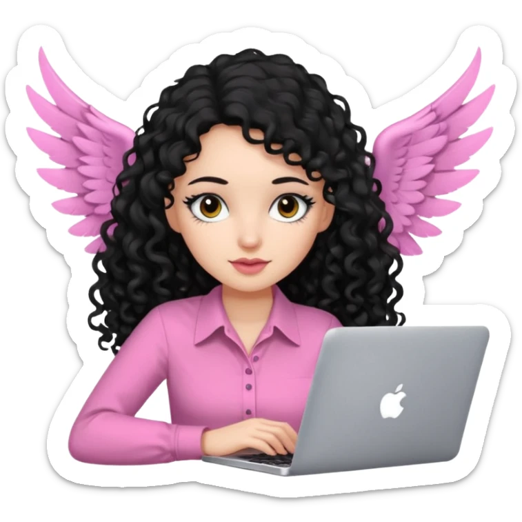 a girl typing mac book with long black curly hair and brown eyes with winged black eyeliner, pink shirt sticker