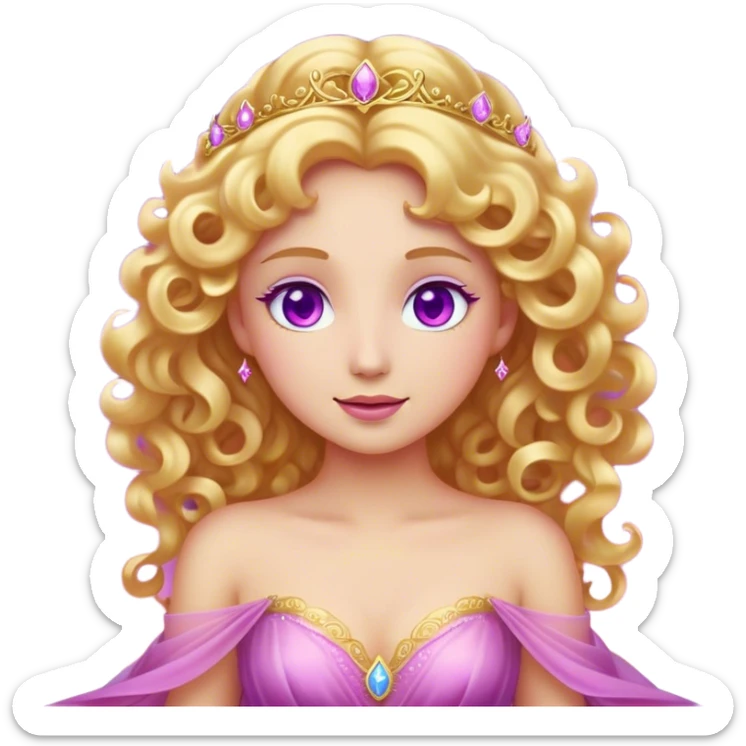 Cinematic Stunning Aurora Portrait Emoji, Ethereal in her flowing pink gown, golden curls shimmering, soft violet eyes filled with serenity, an enchanting glow surrounding her, capturing the beauty of a princess lost in a dream! sticker