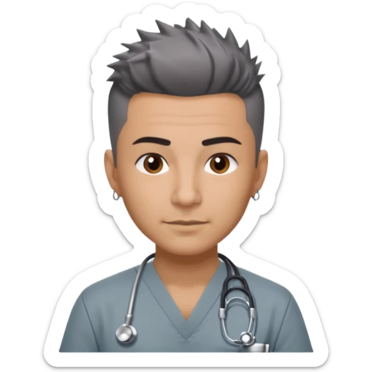 Dr. Efrén Rivera Santiago, a doctor with short spiked hair, gray scrubs, tattoos, and hook earrings, exudes professionalism and warmth. sticker