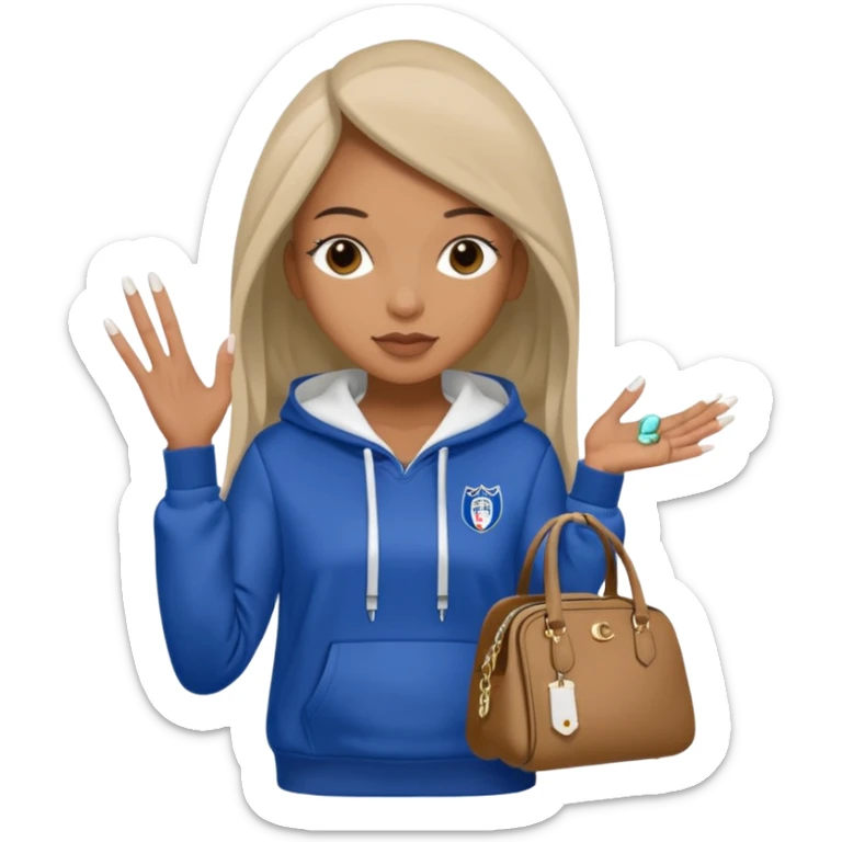 trallel tralala wearing a elite eleven hoodie with white french tips nails and a coach bag sticker