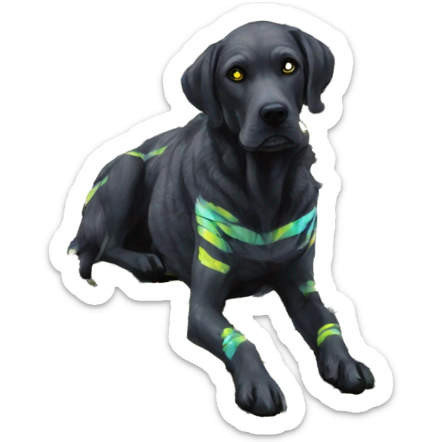 .Zombie_ Vaporwave black holographic oilslick zombie yellow Labrador zombie dog yellow caution tape graffiti stripes yellow and black stripes sticker