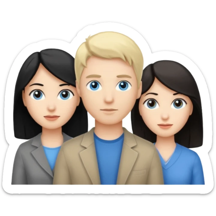 Blond woman blue eyes on left. Man with black hair and greye eye in the middle. Brown hair woman with greye eyes on the right sticker