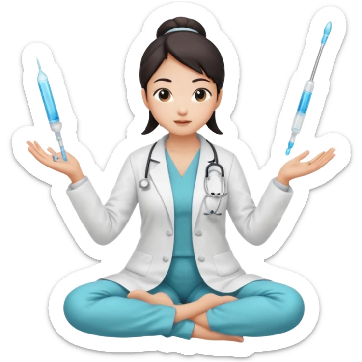 emoji of an asian woman with a single bun in a white lab coat sitting cross legged with micropipettes levitating above each hand. the tips should be pointing away from her and she should not be wearing a stethoscope sticker