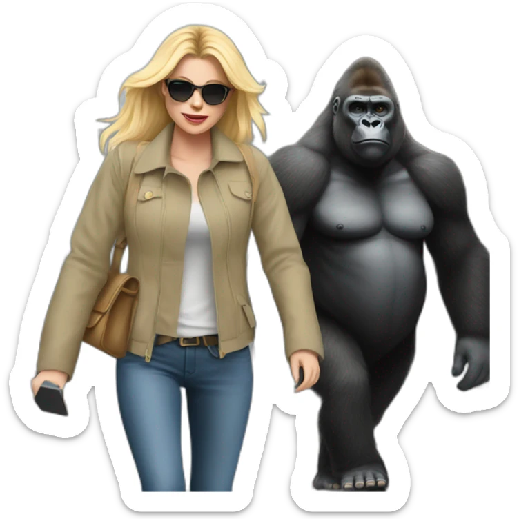 Gorilla walking a blonde woman on the street sticker