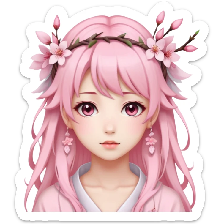 A Gorgeous Beautiful Anime Lady with a Sakura Cherry Blossom Headdress and Pretty Hair, pastelcore aesthetic  sticker