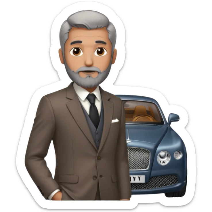 Dyed black gray hair  frencb beard graying indian guy in suit with a bentley names professor bw tlt sticker