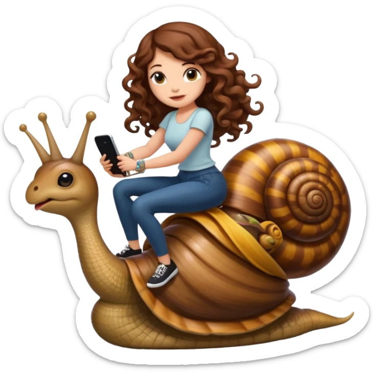 cute woman long curly brown hair tattoos riding giant snail sticker