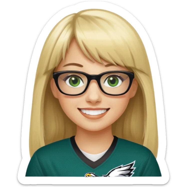 long blonde hair with bangs black glasses female green eyes football player wearing eagles jersey number 33 sticker