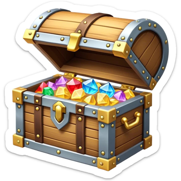 Clash of Clans aesthetic: Cinematic Playful 3D Isometric Treasure Chest Emoji, rendered in a 3D vector-style similar to standard emojis with minimal shading and bold, simplified shapes. A compact, distinct form with signature details, softly glowing with a fantasy RPG magic charm. Simplified yet unmistakably iconic, highly detailed and consistent, glowing with a soft radiance and high shine. Stylized with a touch of heroic grandeur and a soft glowing outline, capturing the essence of a beloved gaming relic with a friendly, playful manner! sticker