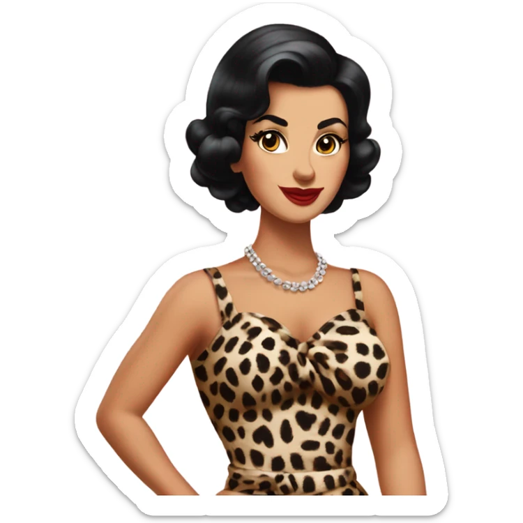 pin up tanned woman with black hair in a 50s leopard dress sticker