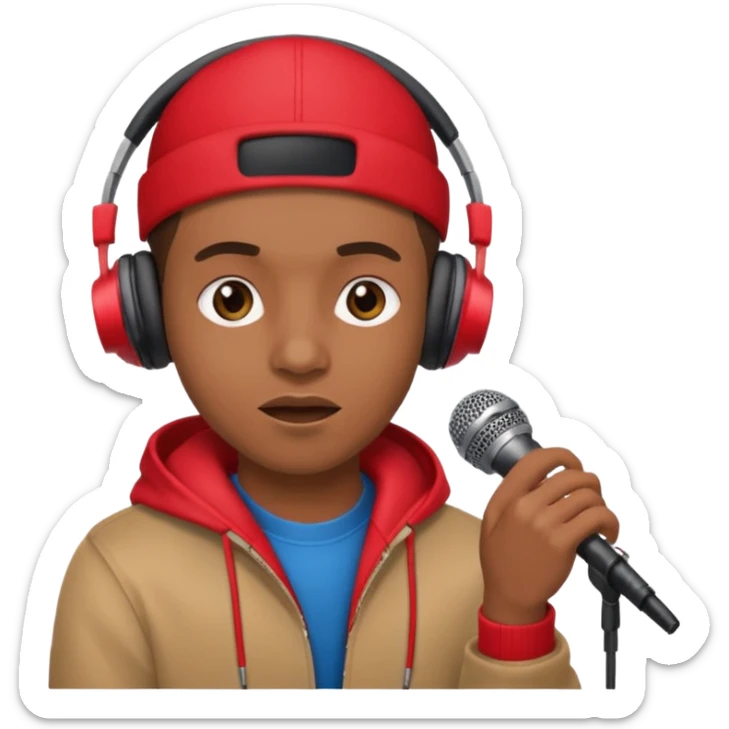 emoji de persona haciendo beatbox con un micrófono y unos audífonos rojos puestos sticker