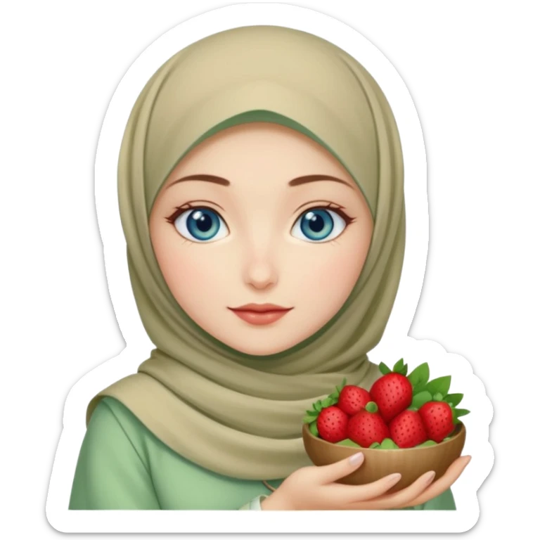 Turkish beautiful finish Konya girl blue eyes with beige and light green hijab islamic dress and had on her hand strawberry Matcha  sticker