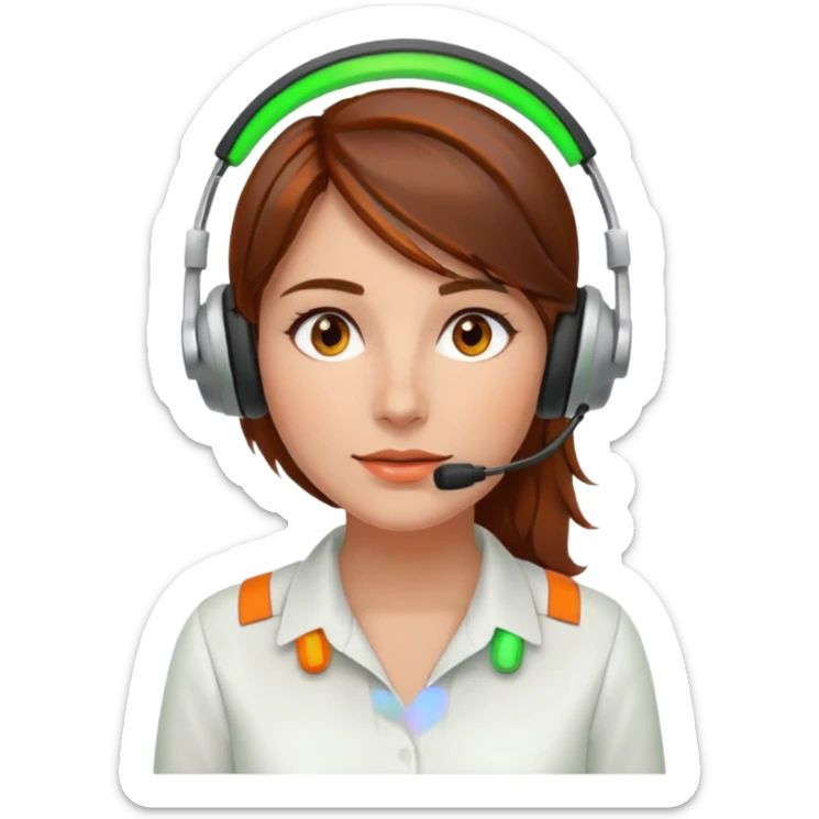 a woman, brown hair, middle european, sitting in the office in front of a computer, wearing a blouse and a headset. she is controling the limits on screen. green = ok, orange = am Limit, rot = überschritten sticker