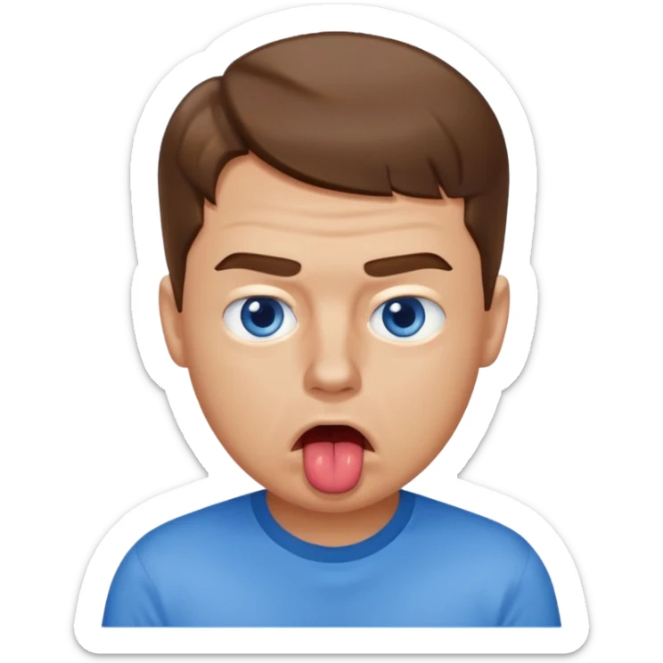Un gars blanc brun au yeux bleu qui tire la langue sur le coter de la bouche et regarde mal sticker