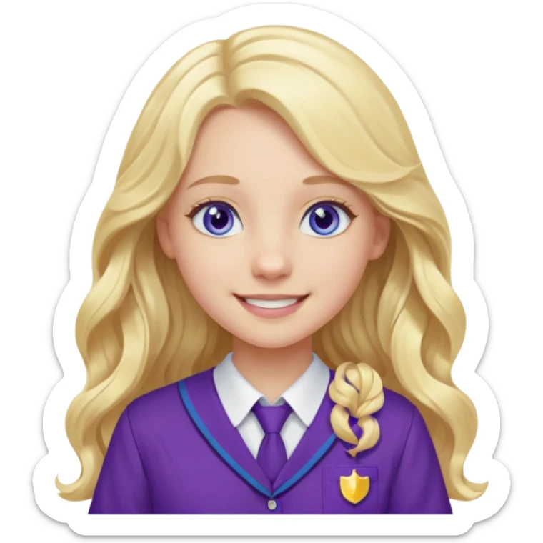 A pale girl with blue eyes and long and blonde , wavy hair , smiling wearing a purple school uniform  sticker
