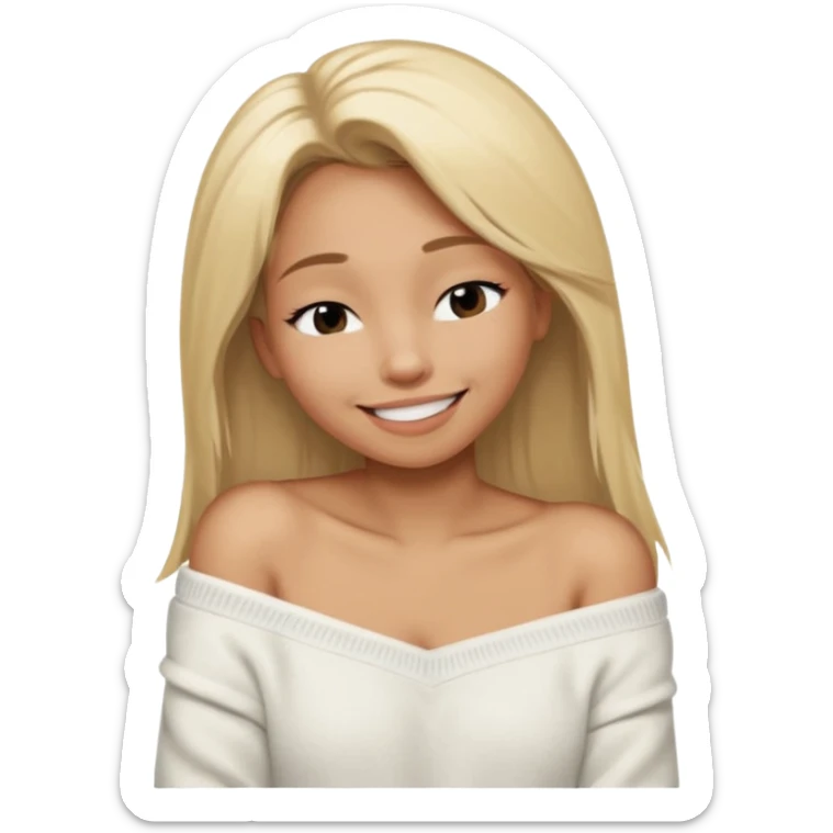 Mujer color de piel moreno claro, con cabello rubio largo, lacio y suelto, ojos negros, usando un suéter off shoulders blanco, sonriendo sin enseñar los dientes durmiendo  sticker