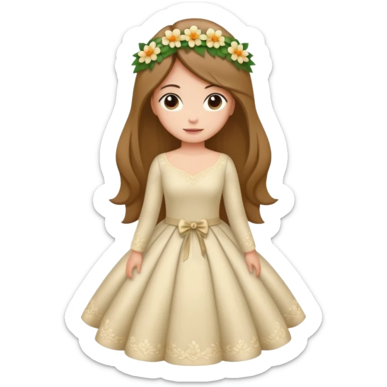 Chica blanca, cabello castaño, recogido en moño alto, vestido novia de manga larga, cuerpo entero, ramo de flores en una mano sticker