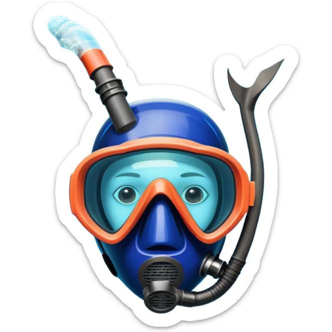 An icon featuring a close-up of a freediving mask and snorkel, with a breath-holding diver's fins, set against a vibrant underwater world. The design includes coral reefs, fish, and bubbles, symbolizing the serene beauty and thrill of freediving. Transparent background highlights the calm sticker