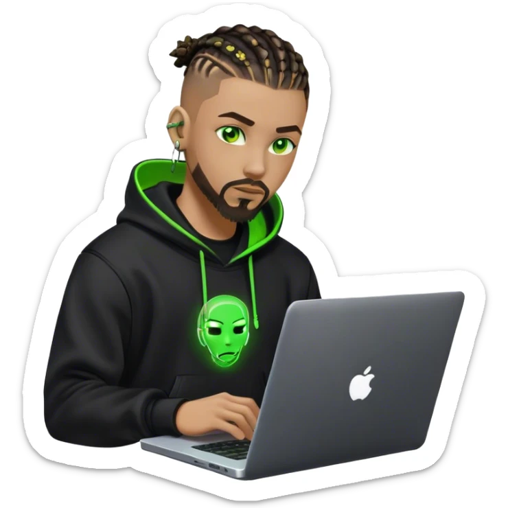 Light skinned African American male with green eyes as a cyberpunk hacker with cornrows hairstyle but short cornrows  with only goatee facial hair  coding on laptop  sticker