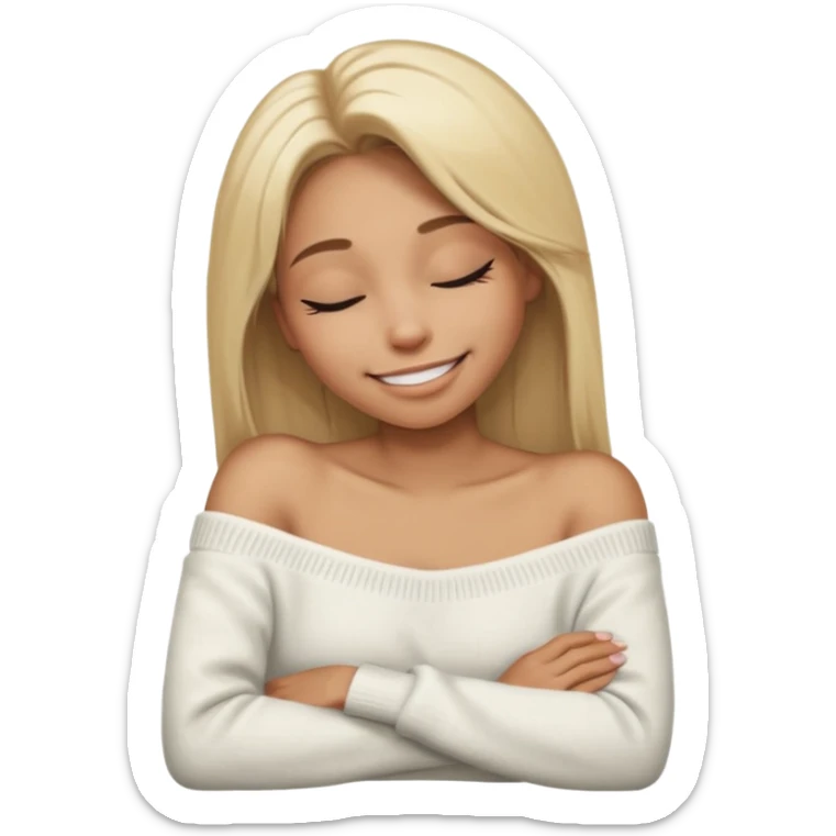 Mujer color de piel moreno claro, con cabello rubio largo, lacio y suelto, ojos negros, usando un suéter off shoulders blanco, sonriendo sin enseñar los dientes durmiendo  sticker