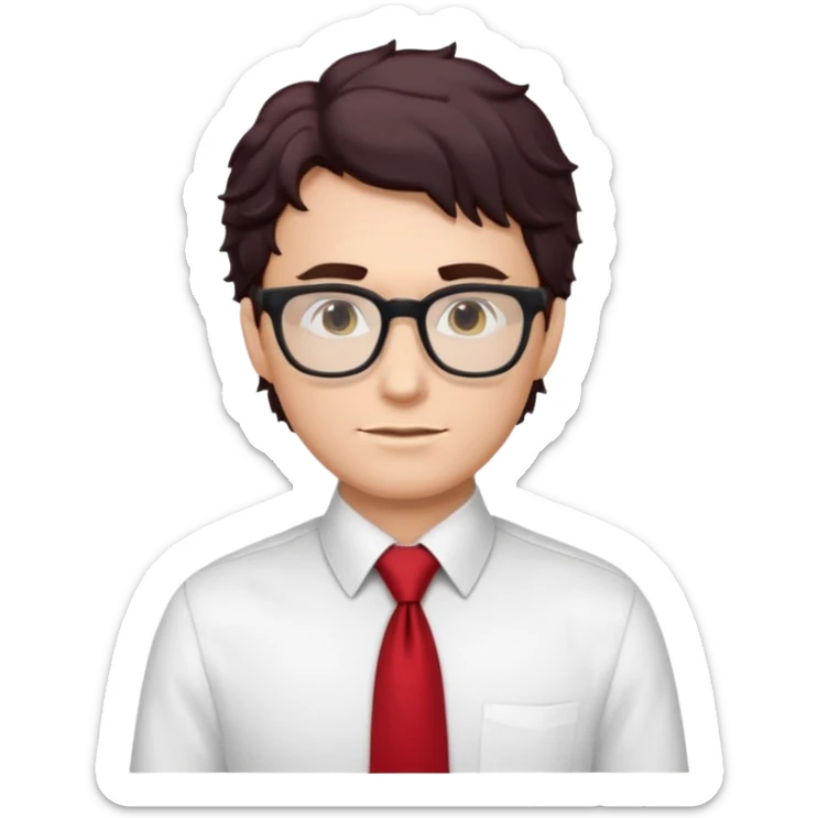 white man in white shirt, having red tie, black wavy hair, wearing glasses sticker
