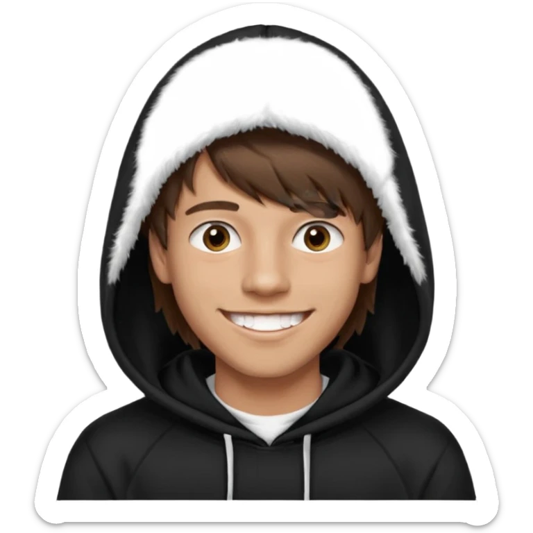 20 yr old man, brown hair, straight, big smile, white teeth, tanned skin, bangs, black hooded sweatshirt, long hair in back, middle parted bangs sticker