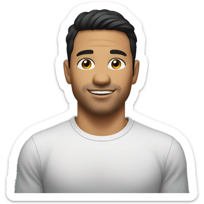 A head and shoulders shot of a 32 year old Latino man, with short black hair,   with brown eyes wearing a t-shirt. sticker