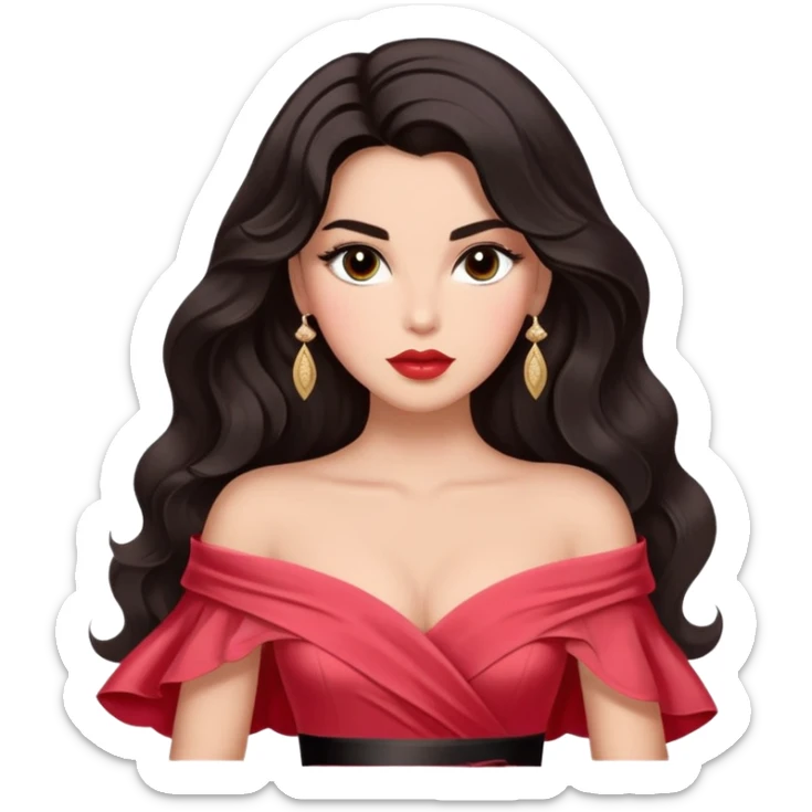 A woman with almond-toned skin, dark voluminous hair in waves, expressive eyes with soft lashes and shimmer, full lips with a glossy nude-pink color, wearing a red dress and a white sash with “Miss San Juan” in black letters, exuding elegance and confidence. sticker