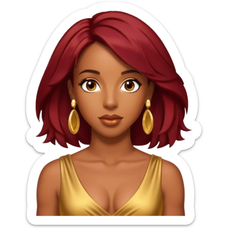 Kelly Rowland Dark Red Hair, Brown Eyes, Gold Dress with earrings sticker