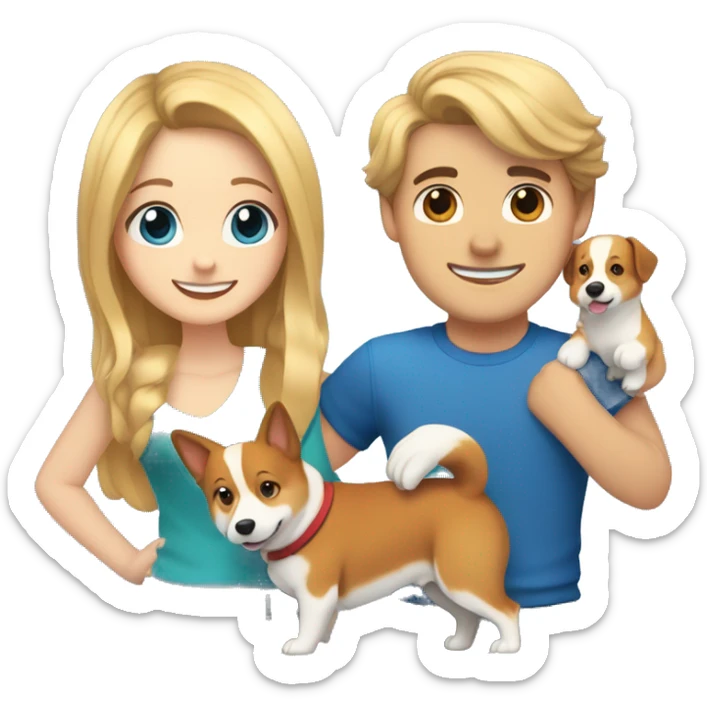 A girl with long blond hair and brown eyes, a guy with blond, slightly curly hair and blue eyes, hugging and a dog corgi between them sticker