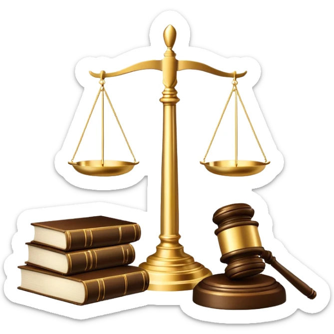 An icon featuring a gavel, legal scales, and a law book, symbolizing the study of law. The design includes a courthouse silhouette in the background, representing justice and legal systems. Transparent background highlights the principles of law and legal practice. sticker