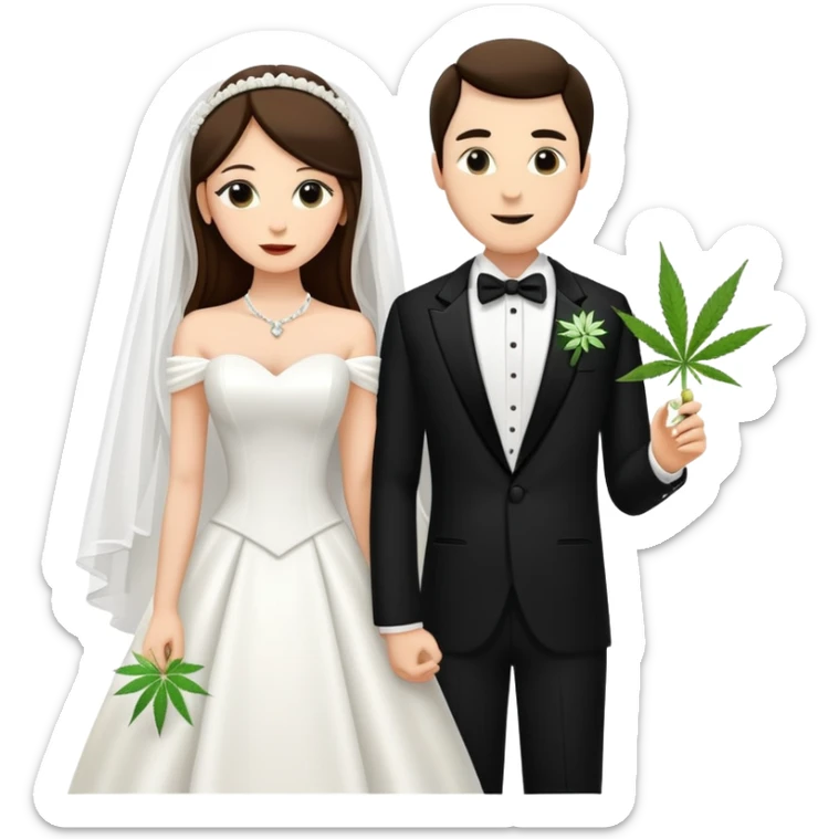 A bride in white wedding dress and groom in tuxedo, full body, sharing a cannabis joint, wedding couple sticker